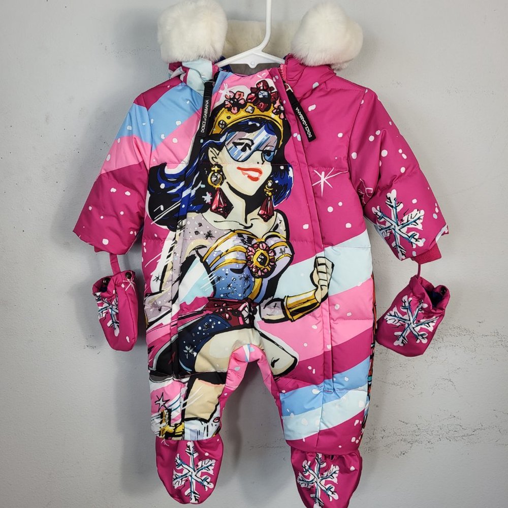 NWT~$950~DOLCE & GABBANA~0-3M~PINK WHITE DOWN REAL FUR SUPERHERO SNOWSUIT COAT